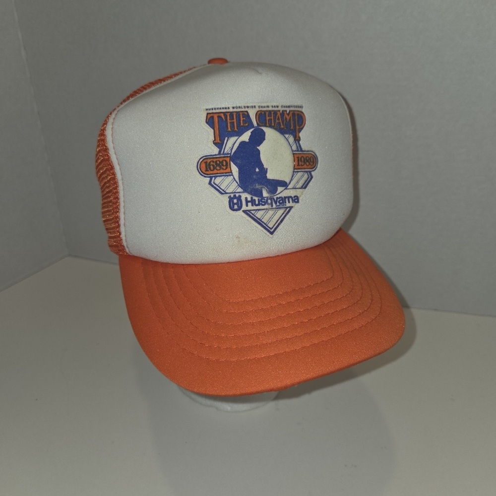 Vintage Husqvarna Trucker Hat The Champ Chainsaw White Orange Mesh Snapback 1989